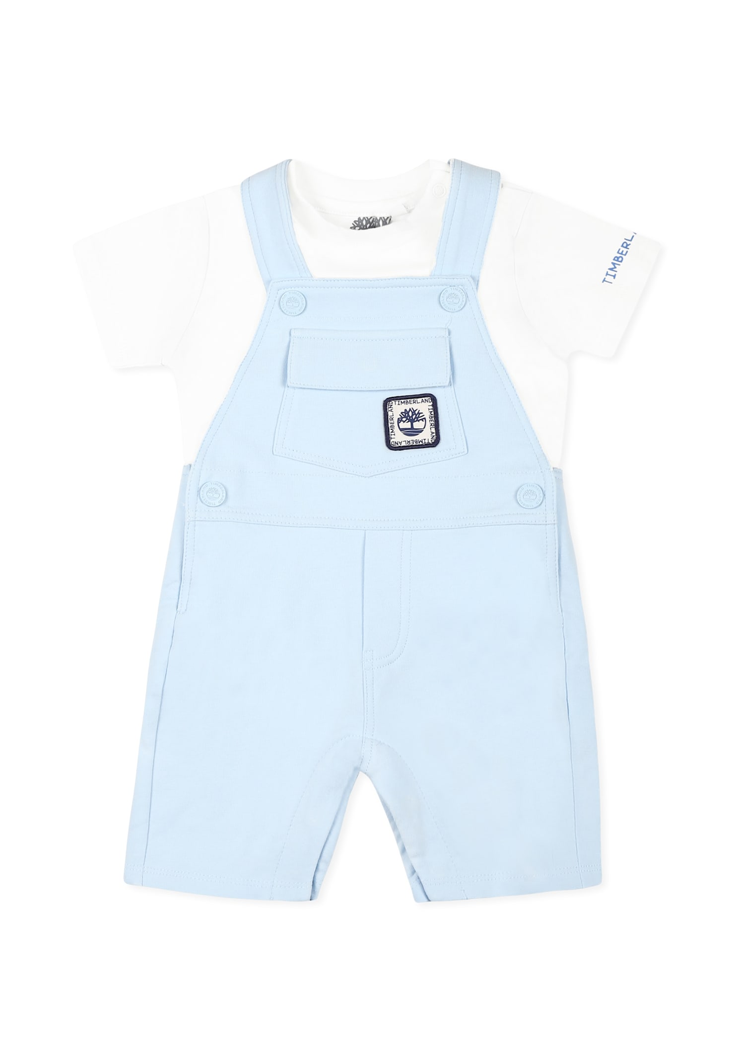 Timberland Light Blue Dungarees Suit For Baby Boy With Logo In Light Blue