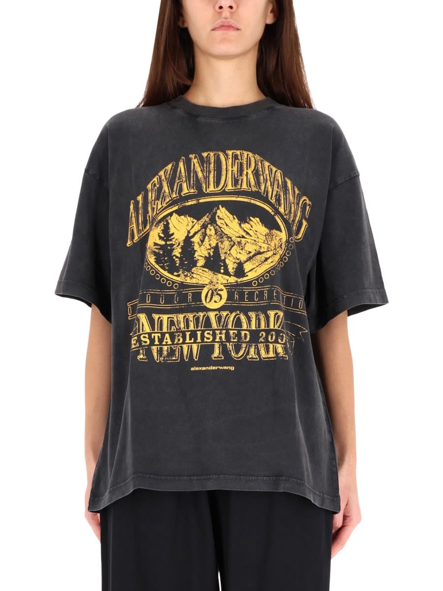 Alexander Wang Relaxed-fit Black Cotton T-shirt With Vintage Graphic Print In Gray