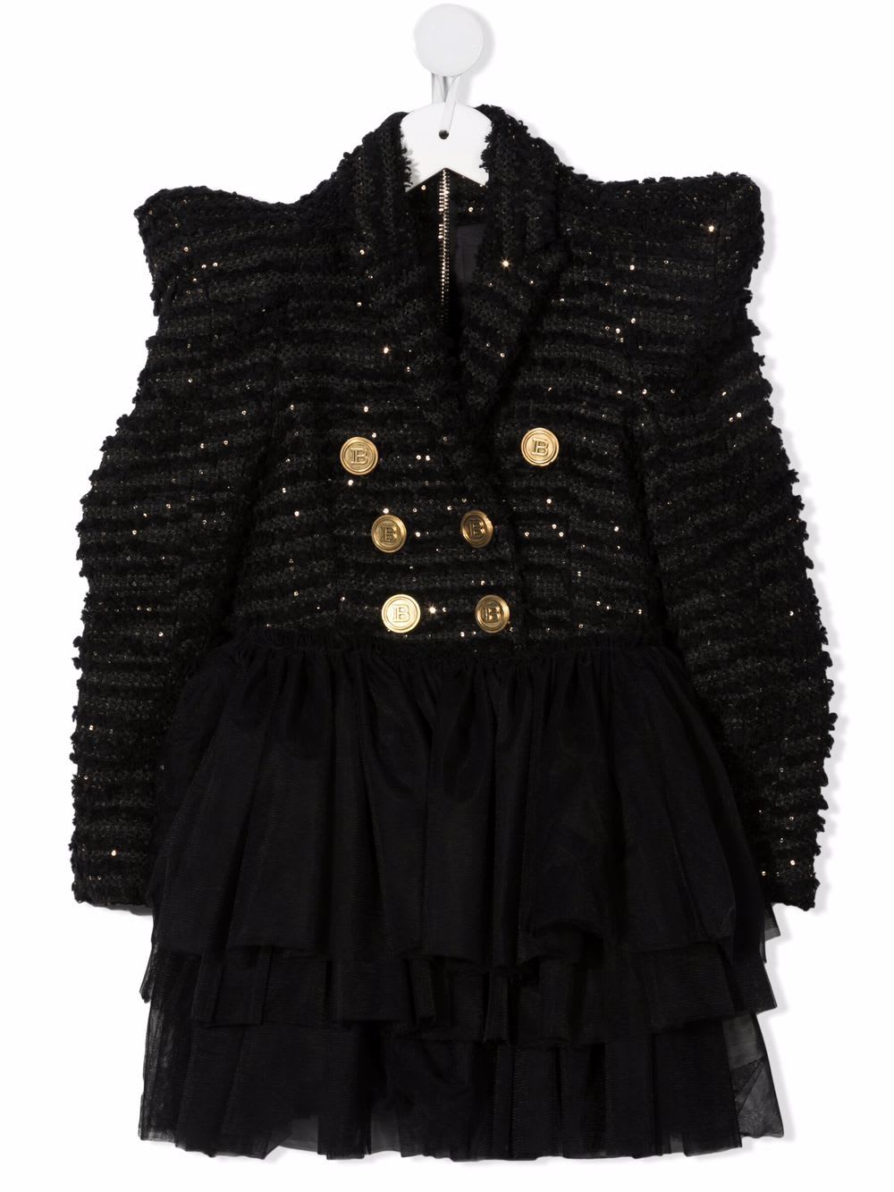 Balmain Kids Black Double-breasted Dress With Sequins And Flounced Tulle Skirt