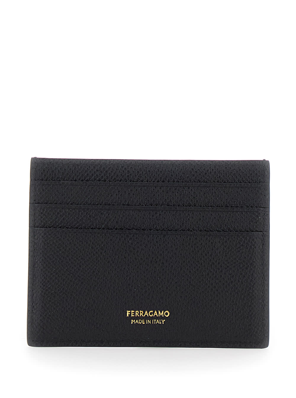 Ferragamo Black Card Holder With Micro Gancini On The Front And Logo Lettering On The Rear In Grained Leather  In Black