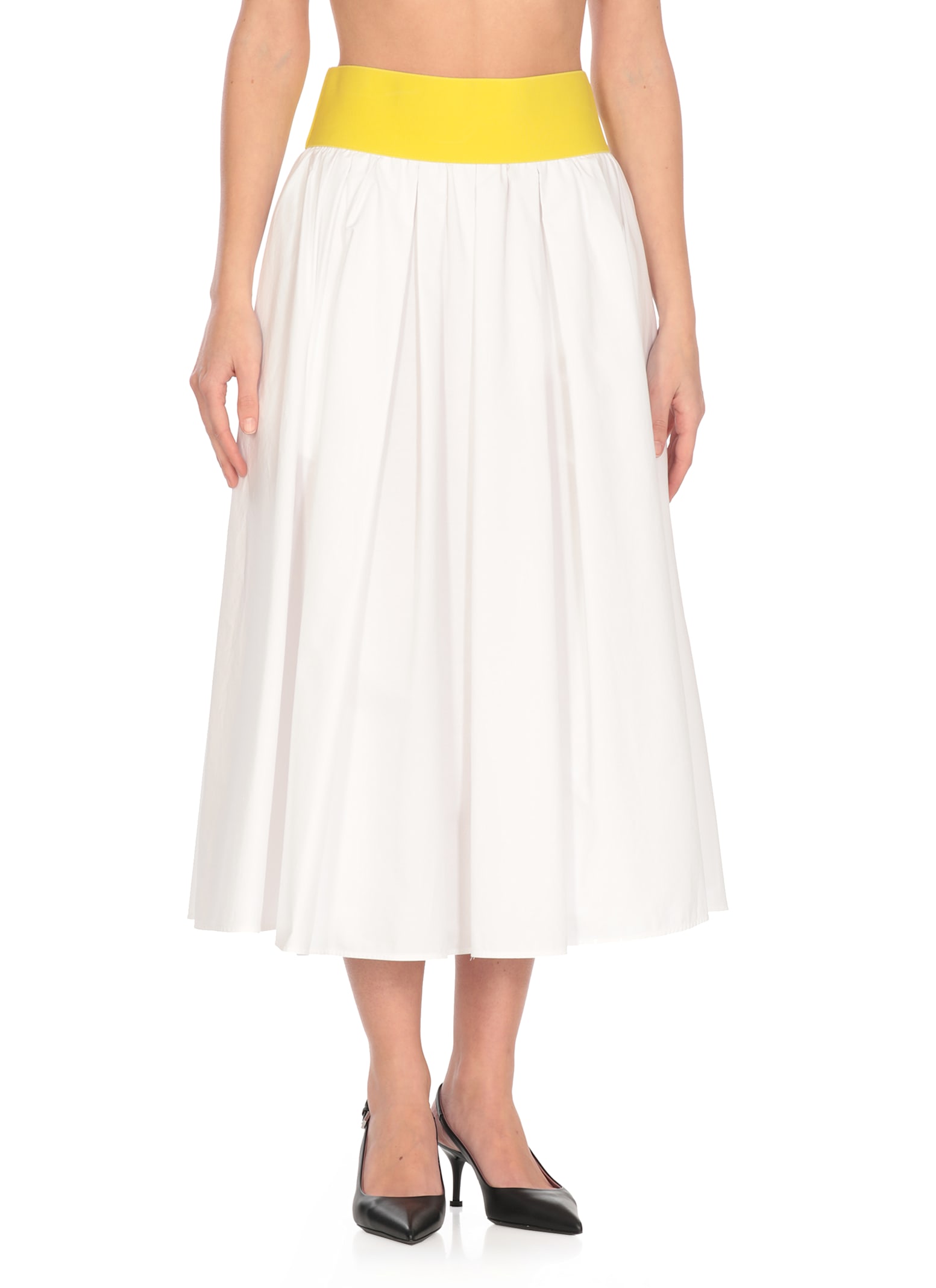 Msgm White Skirt With Contrasting Waist And Pleated Details In Fabric Woman