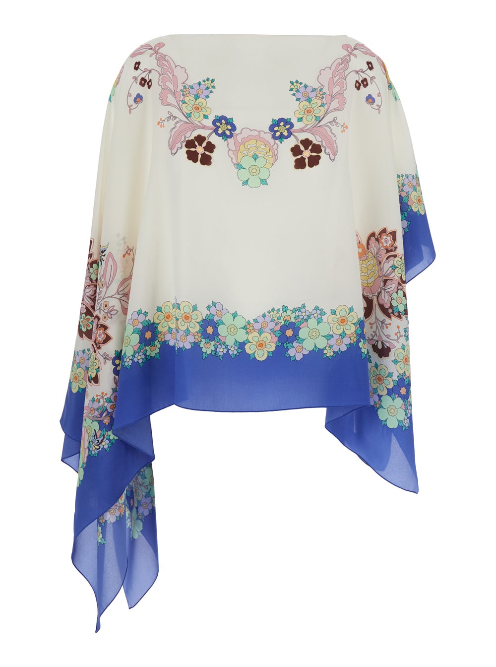 Multicolor Cape With All-over Floral Print And Asymmetric Design In Silk Woman