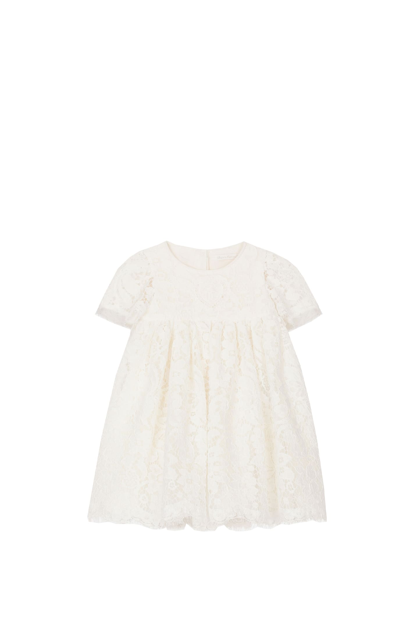 Shop Dolce & Gabbana Short Sleeve Baptism Dress In Empire Cut Lace In White