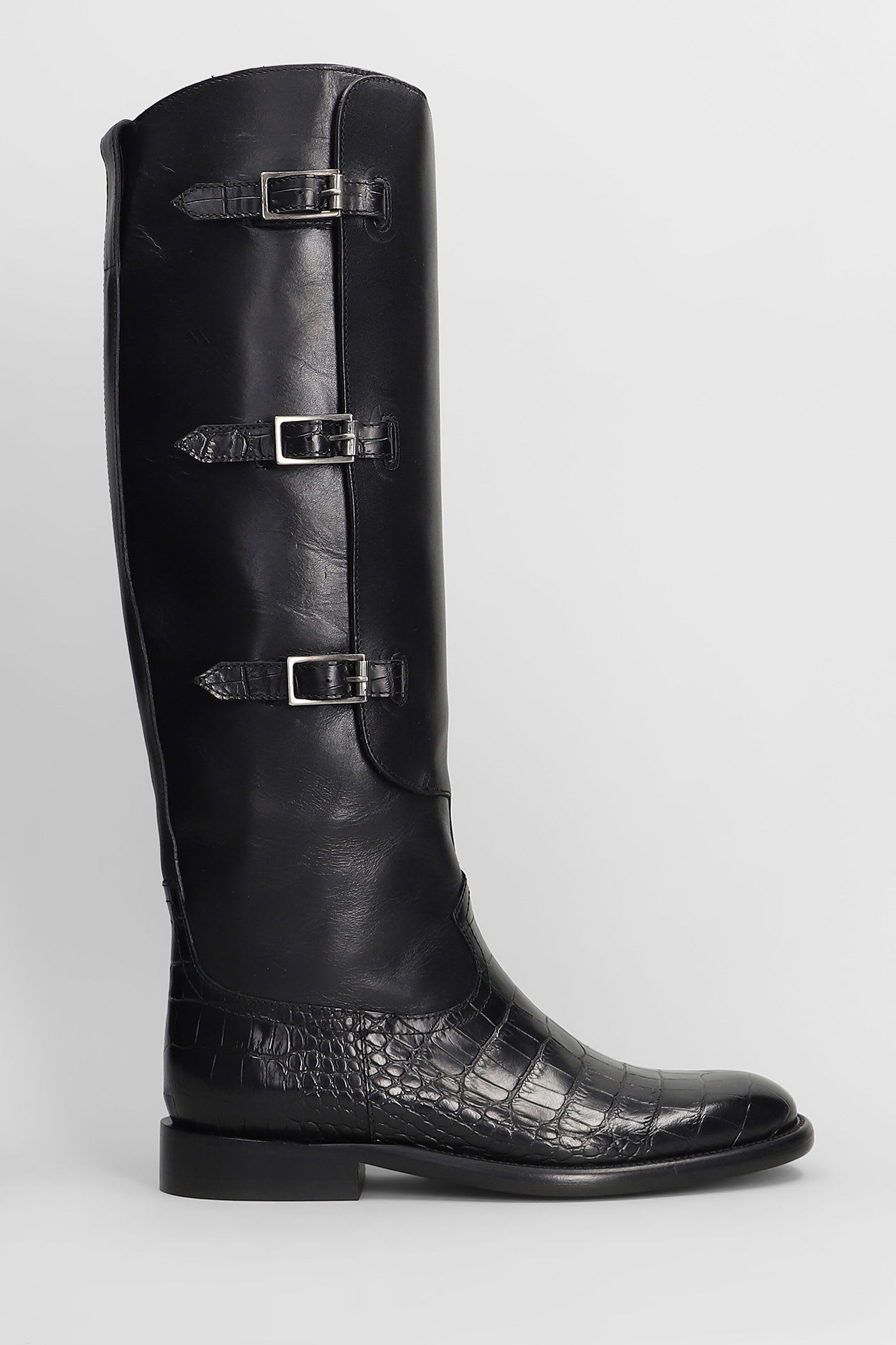 Paris Texas Montana Buckle Boot Low Heels Boots In Black Leather In Black