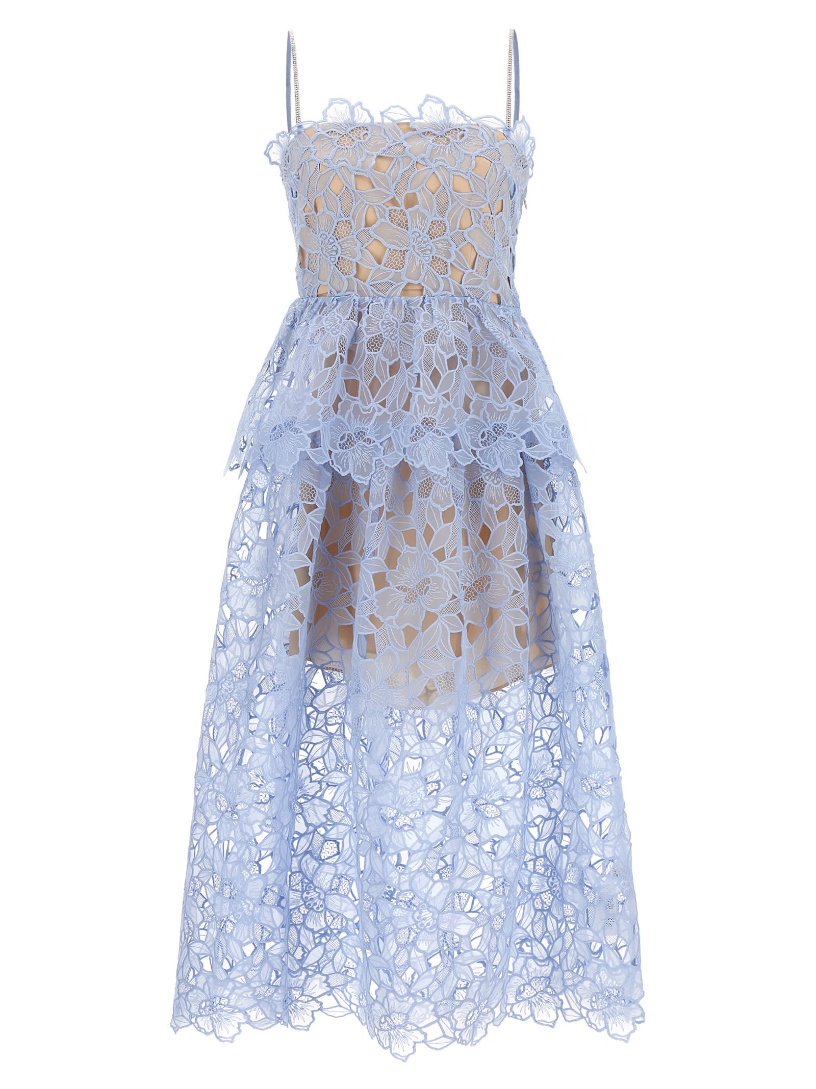 Shop Self-portrait Blue Organza Lace Midi Dress In Light Blue