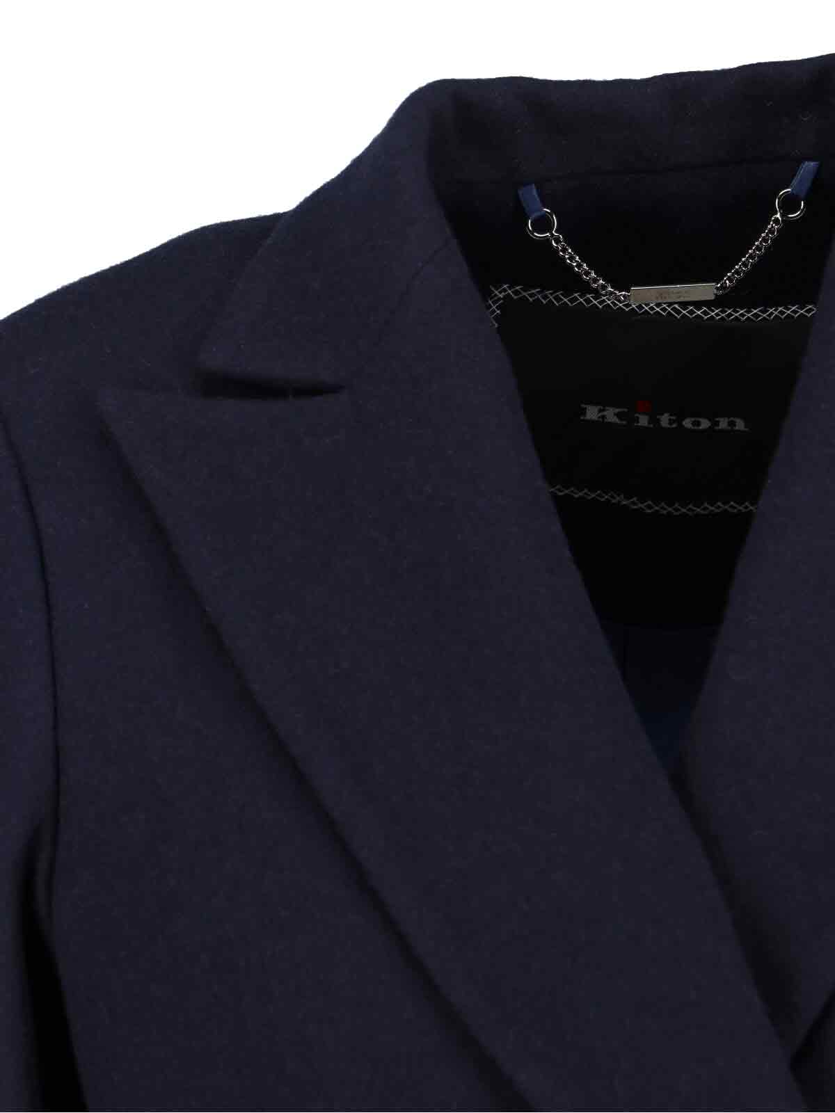 Kiton Long Jacket With Structured Shoulders And Notched Lapels In Blue