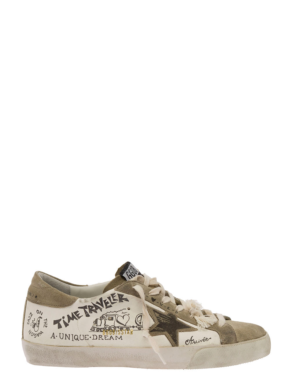 Beige And White Super-star All-over Graffiti Print Sneakers In Leather Man Golden Goose