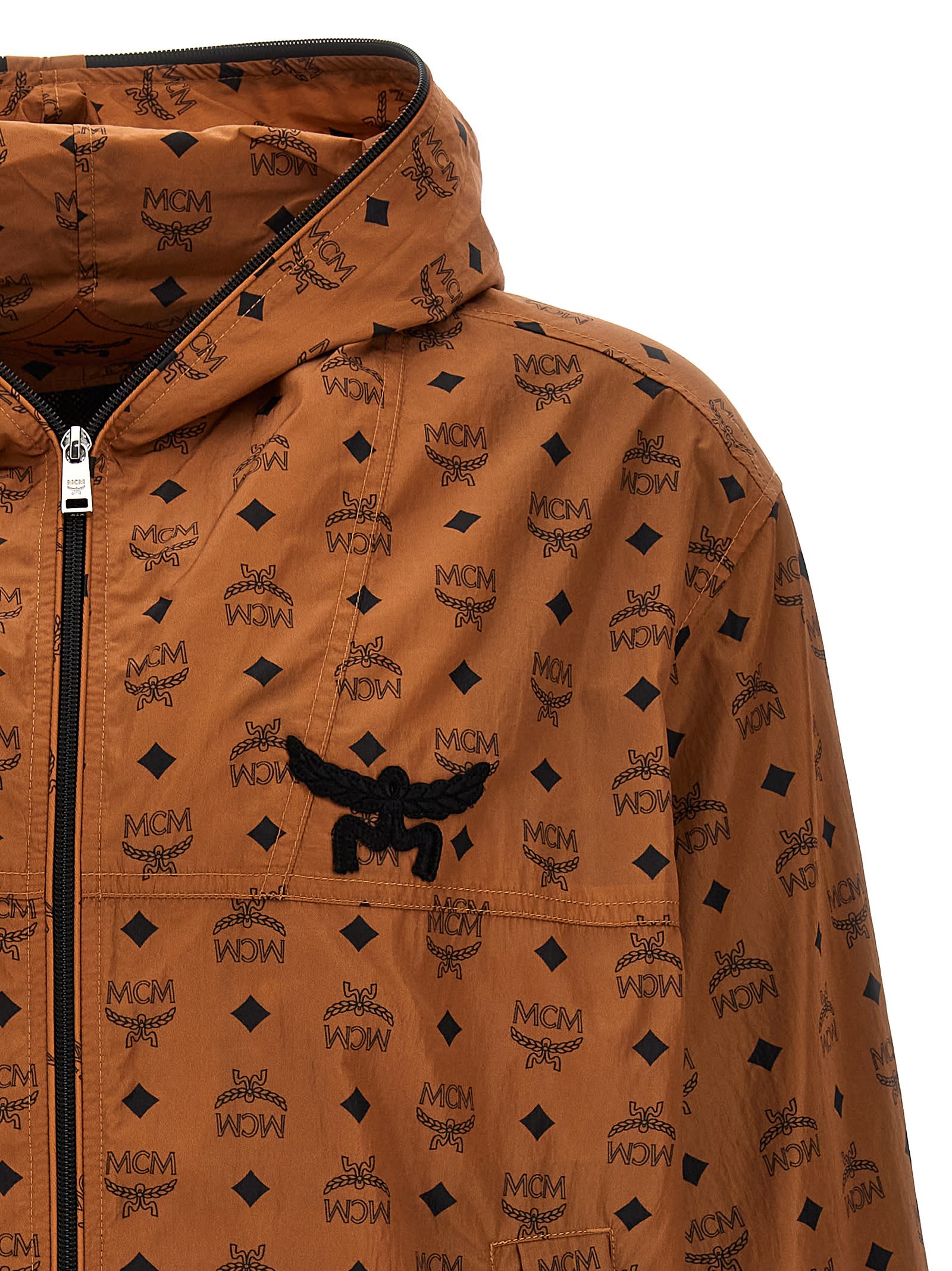Shop Mcm Logo Print Hooded Jacket In Brown