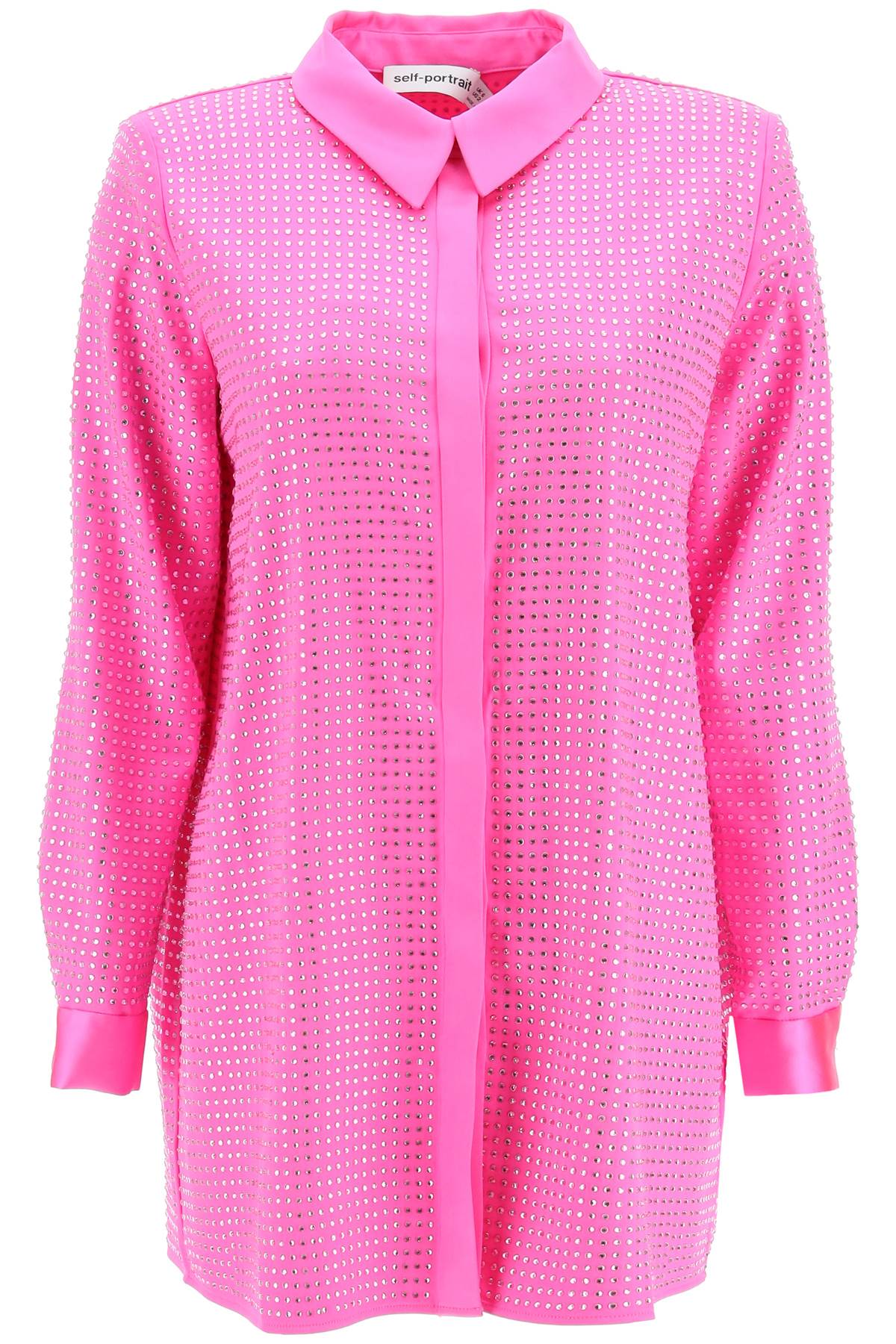 Shop Self-portrait Satin Shirt With Rhinestones In Pink (fuchsia)