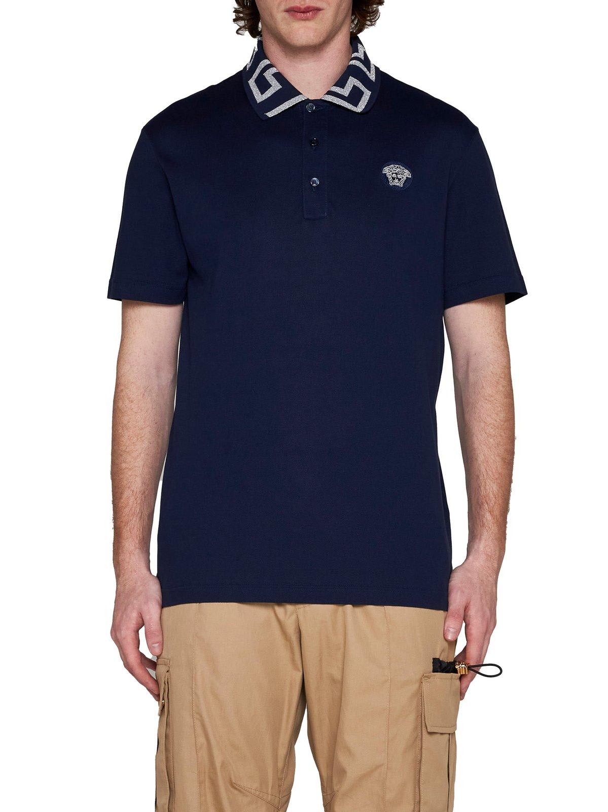 Shop Versace Medusa Embroidered Polo Shirt In Blue
