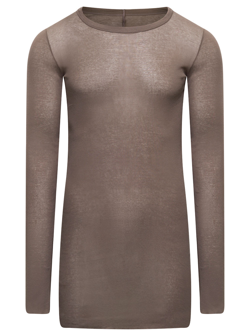 RICK OWENS LONG BEIGE RIBBED TOP WITH LONG SLEEVES AND RAW CUT HEM IN LIGHT COTTON MAN