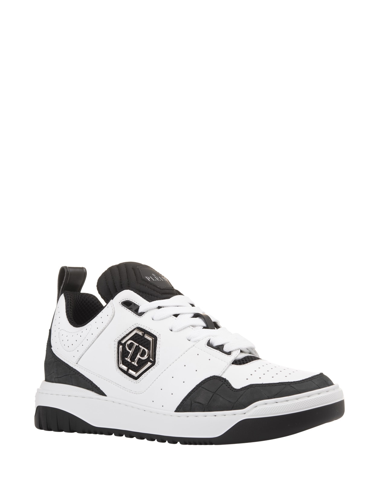 Shop Philipp Plein White And Black Croco Printed Leather Low-top Sneakers