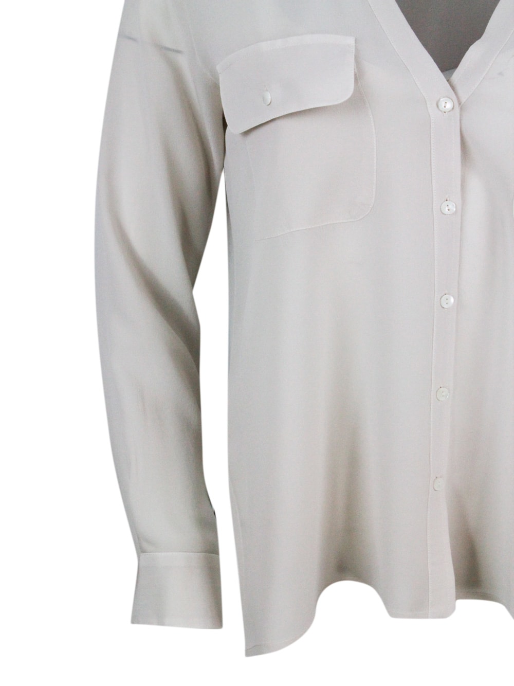 Shop Antonelli Shirt Made Of Soft Stretch Silk, With V-neck, Chest Pockets And Button Closure In Beige
