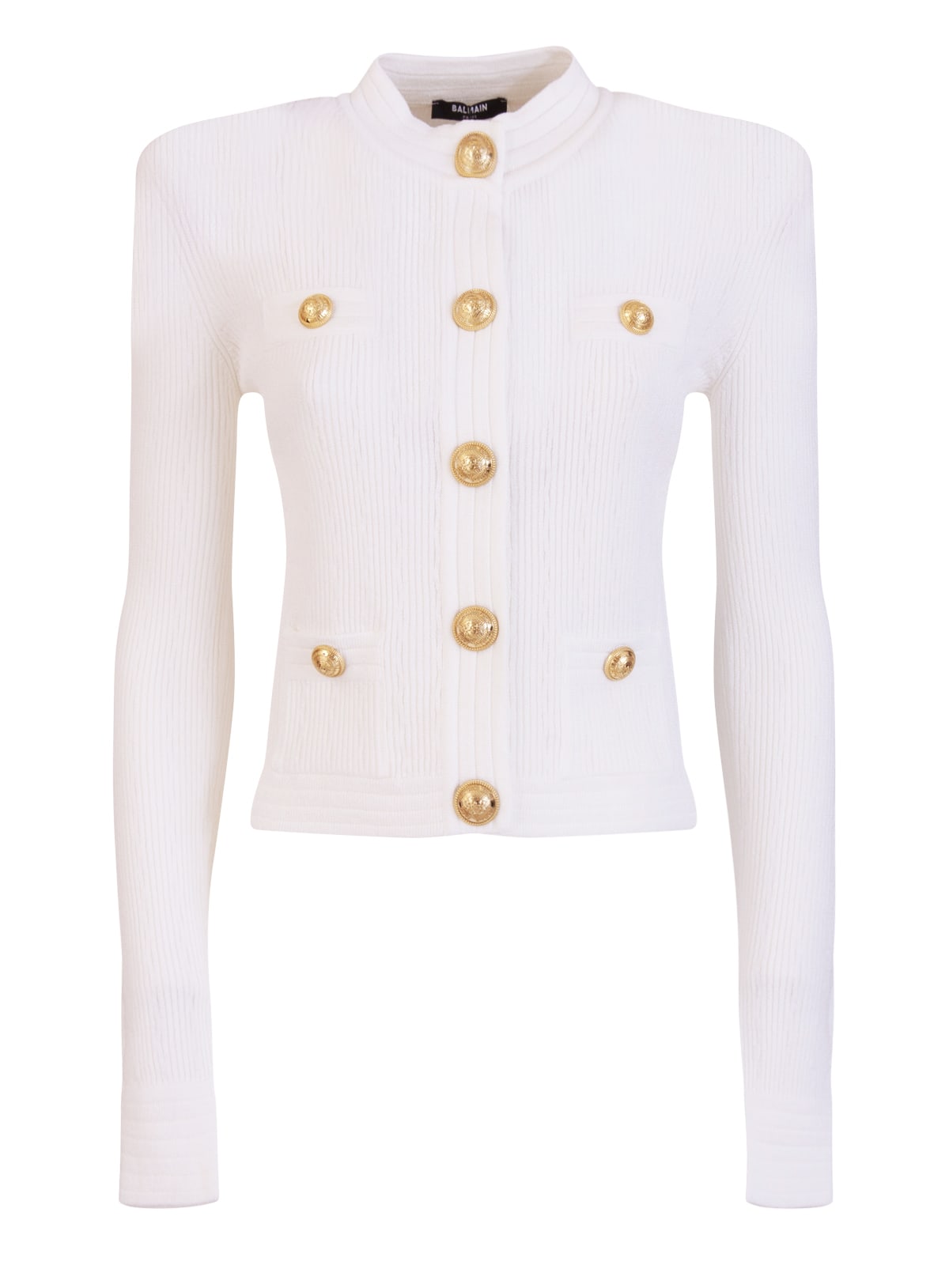 Balmain Cropped White Knit Cardigan With Gold-tone Buttons