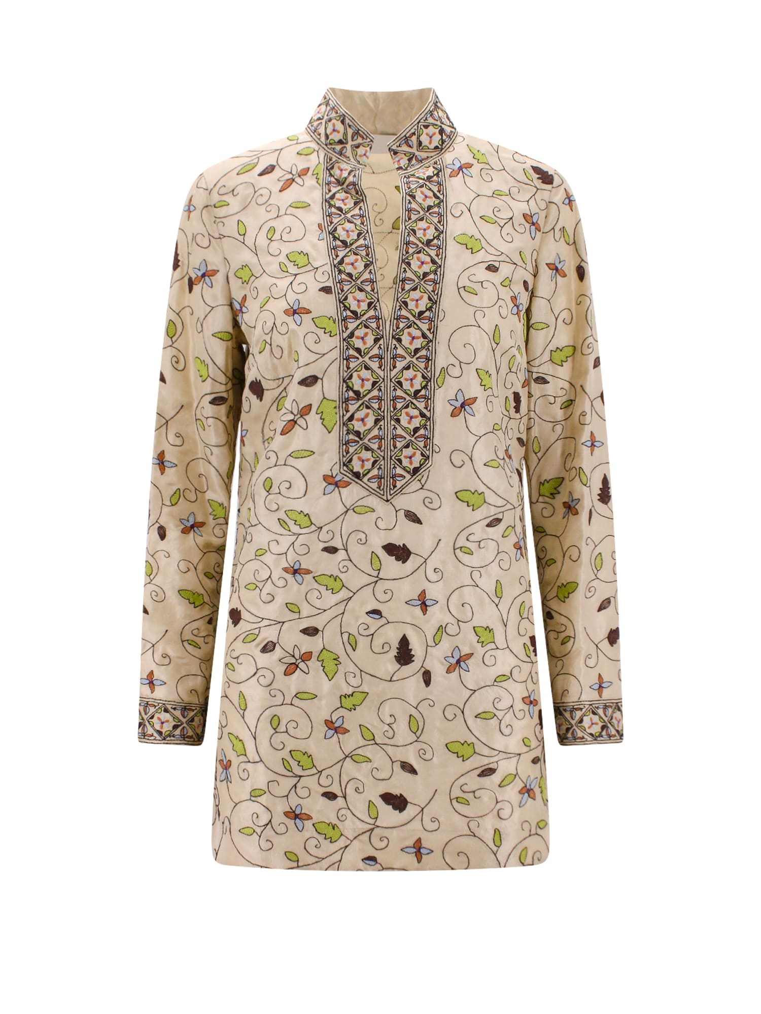 Embroidered Leaf-print Tunic In Silk