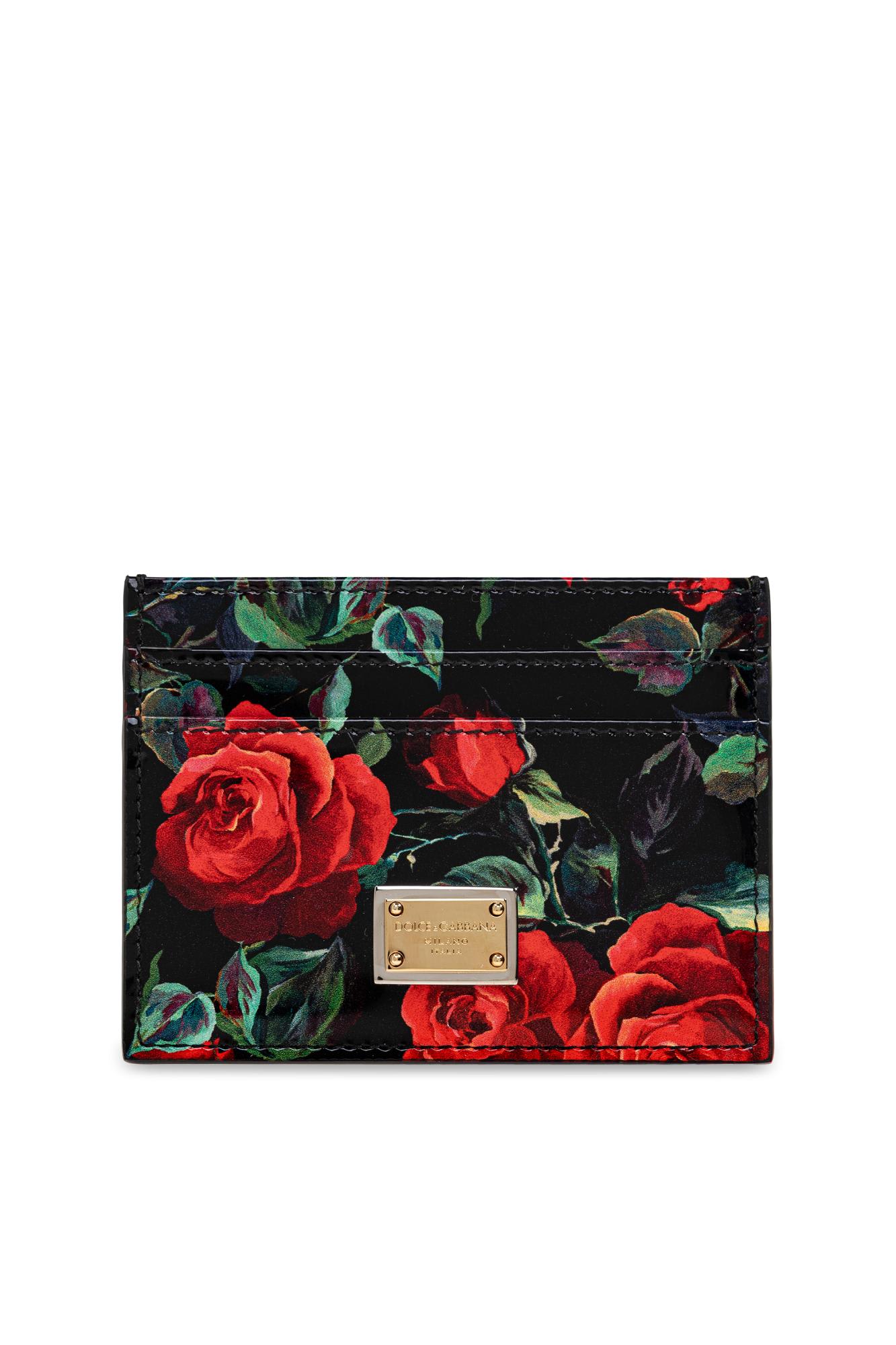 Dolce & Gabbana Polished Calfskin Rose Print Card Holder Accessories In Red