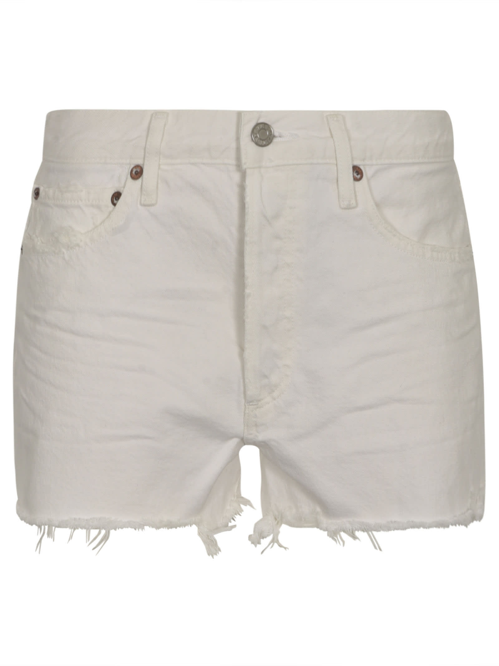 Shop Agolde Distressed Buttoned Denim Shorts In Dough