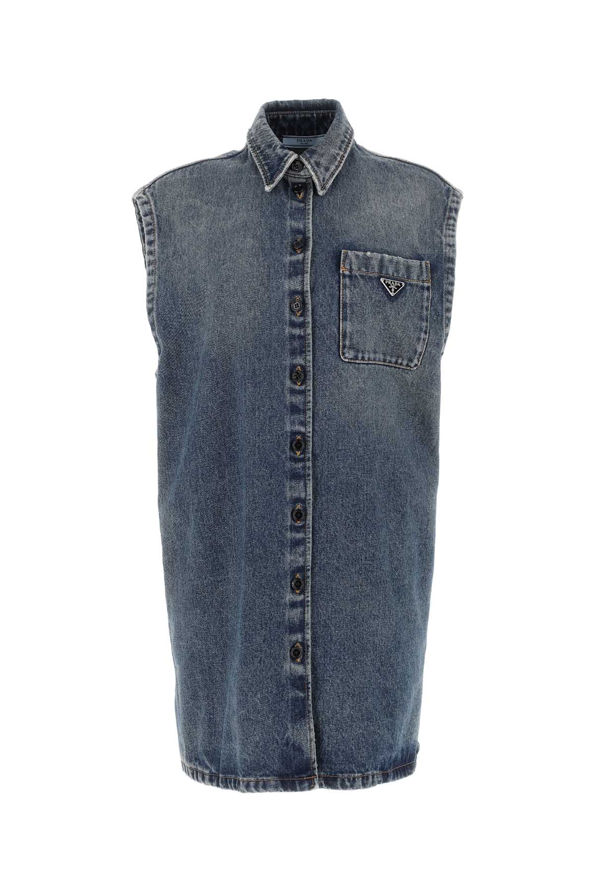 Shop Prada Denim Sleeveless Shirt In Blue