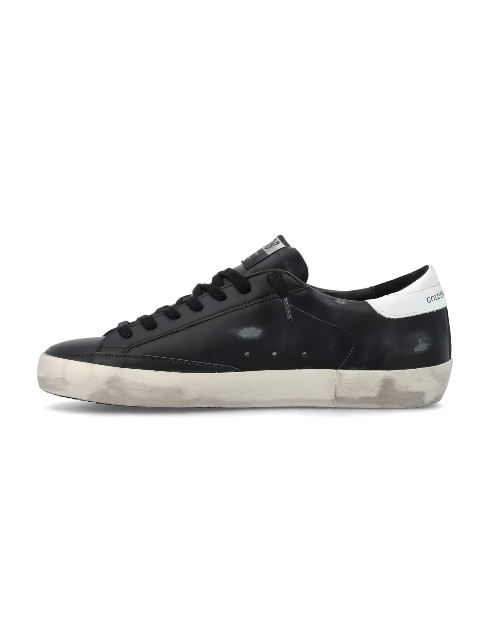 Golden Goose 'super-star' Black Low Top Sneakers With Logo Patch And Suede Details In Leather Man In Black/white