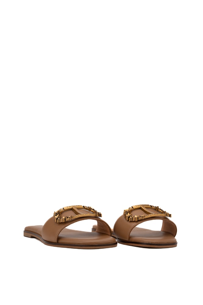 Shop Twinset Leather Slippers With Logo In Hazelnut