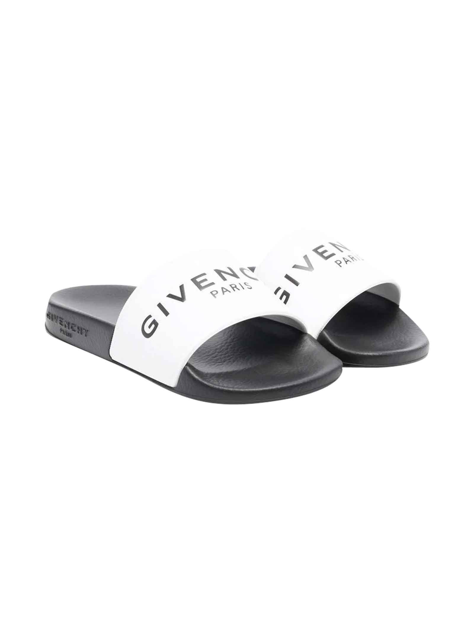 GIVENCHY SLIDES SANDALS WITH PRINT GIVENCY KIDS.LOGO PRINT ON THE FRONT, OPEN TOE, SINGLE FINGER BAND, LOGO I
