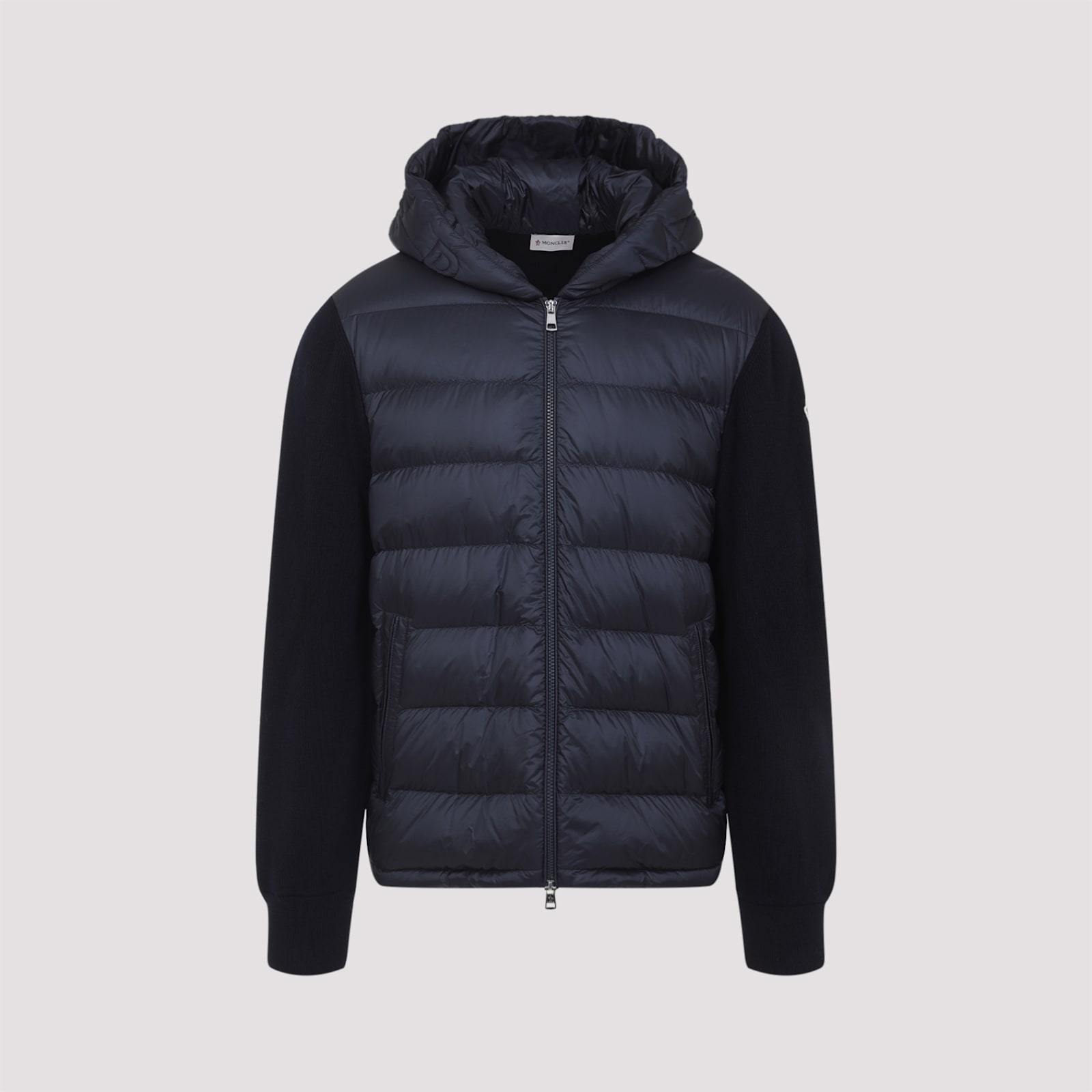 Moncler Insulated Front Jacket With Knitted Sleeves In Blue