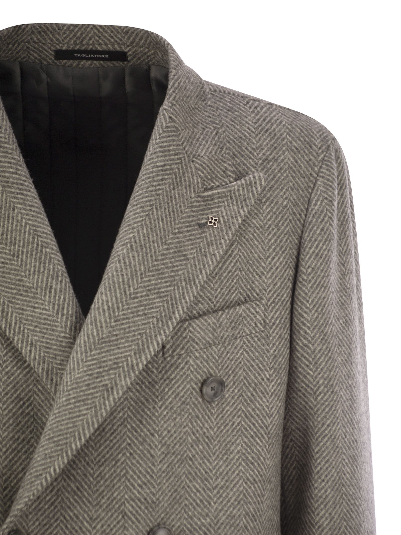 Shop Tagliatore Herringbone Coat In Virgin Wool And Cashmere In Grey