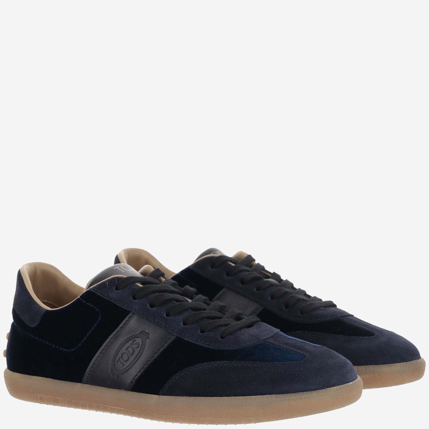 Shop Tod's Velvet And Leather Sneakers In Blue