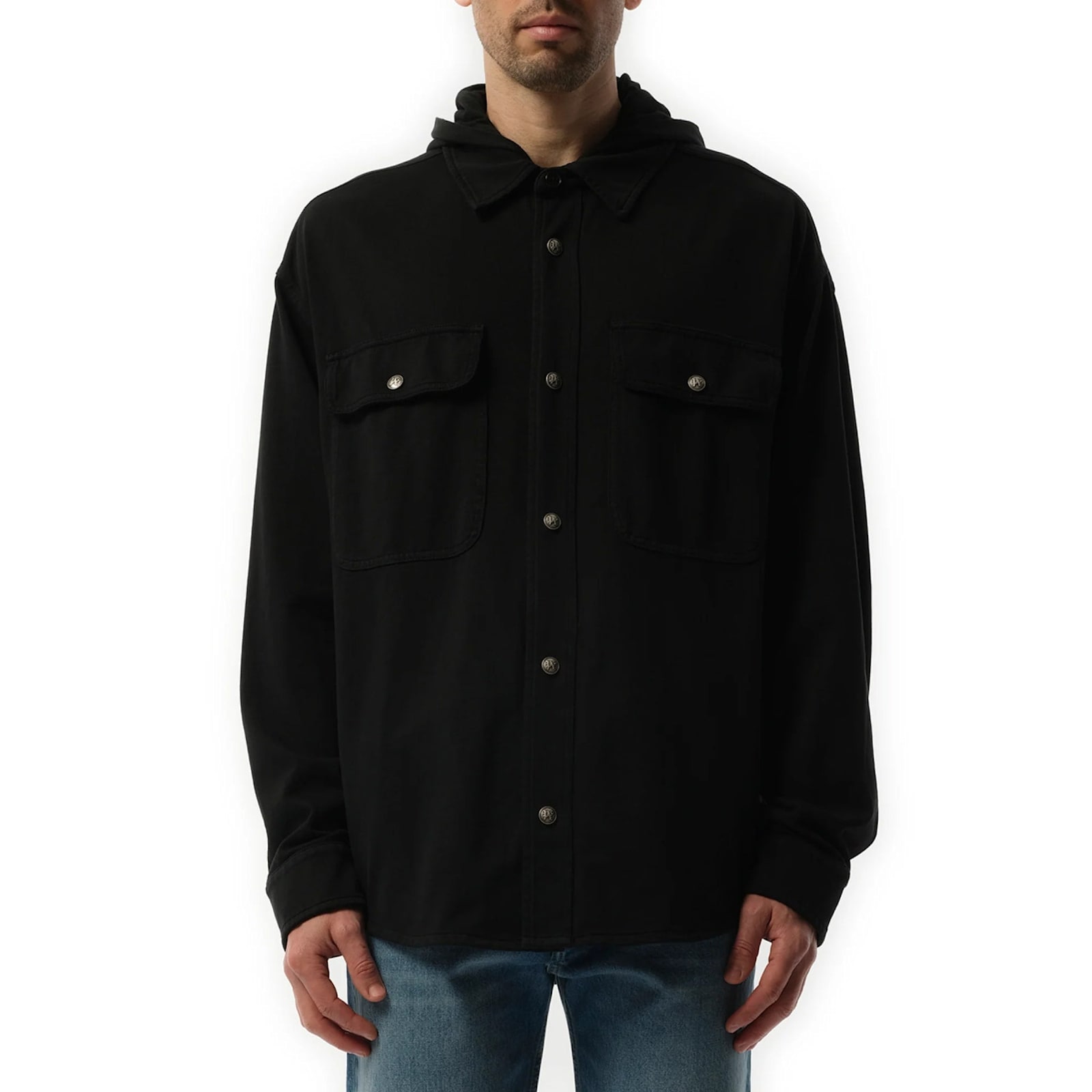 Palm Angels Hooded Overshirt With Classic Logo And Flap Pockets In Black