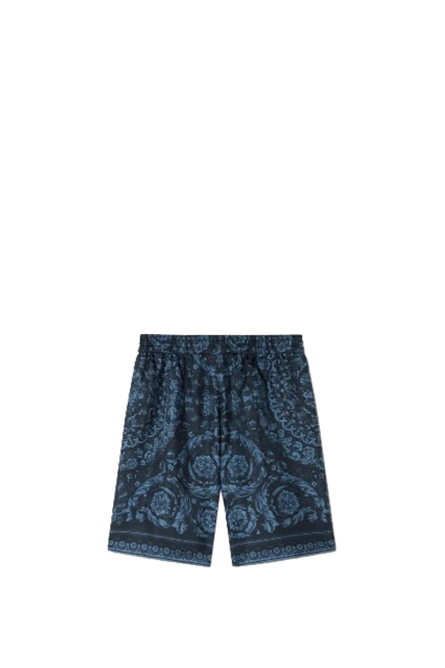 Shop Versace Baroque Silk Shorts In Blue