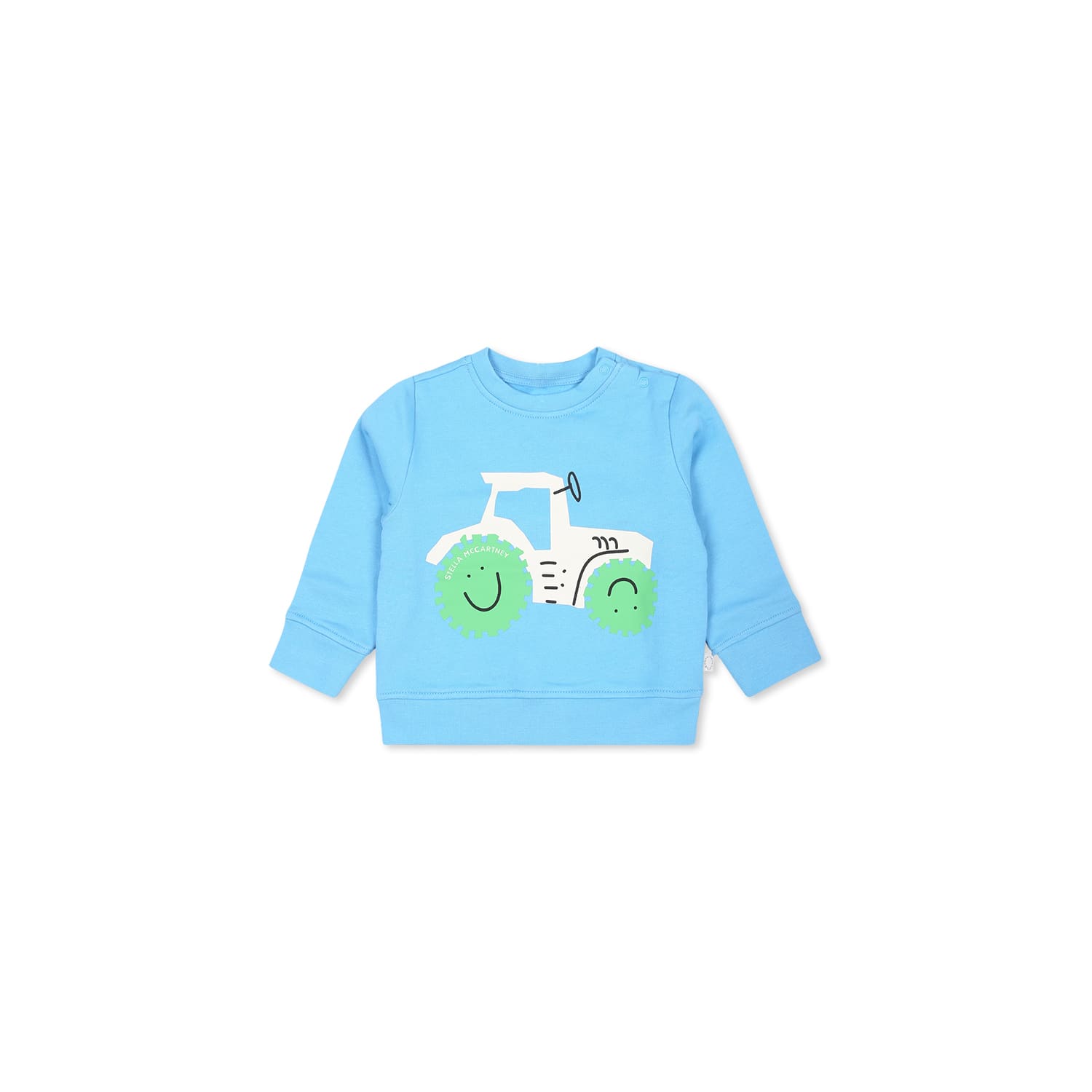 STELLA MCCARTNEY LIGHT BLUE SWEATSHIRT FOR BABY BOY WITH TRACTOR PRINT 