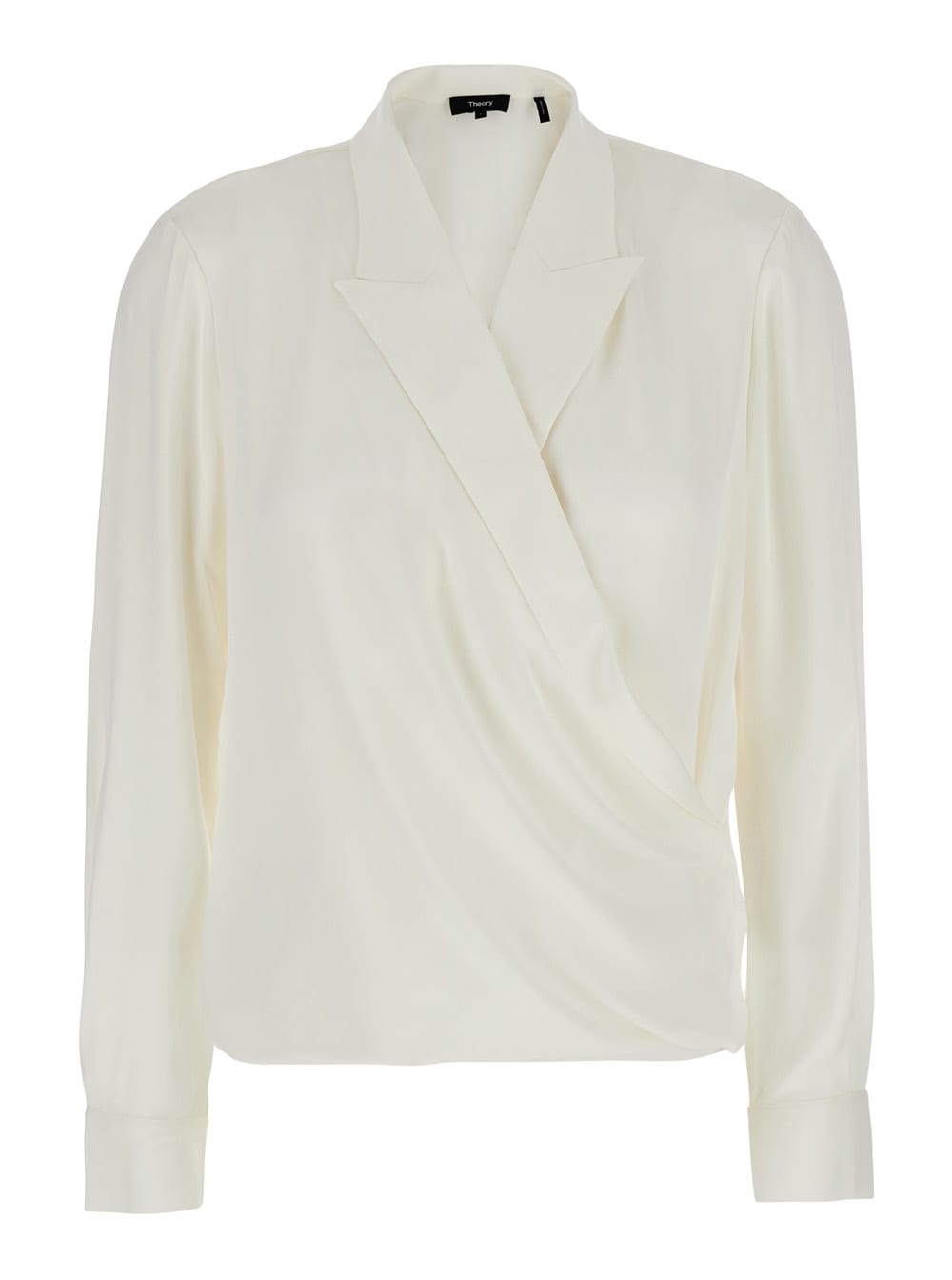 White Blouse With Peak Revers And Crossover Neck In Silk Woman