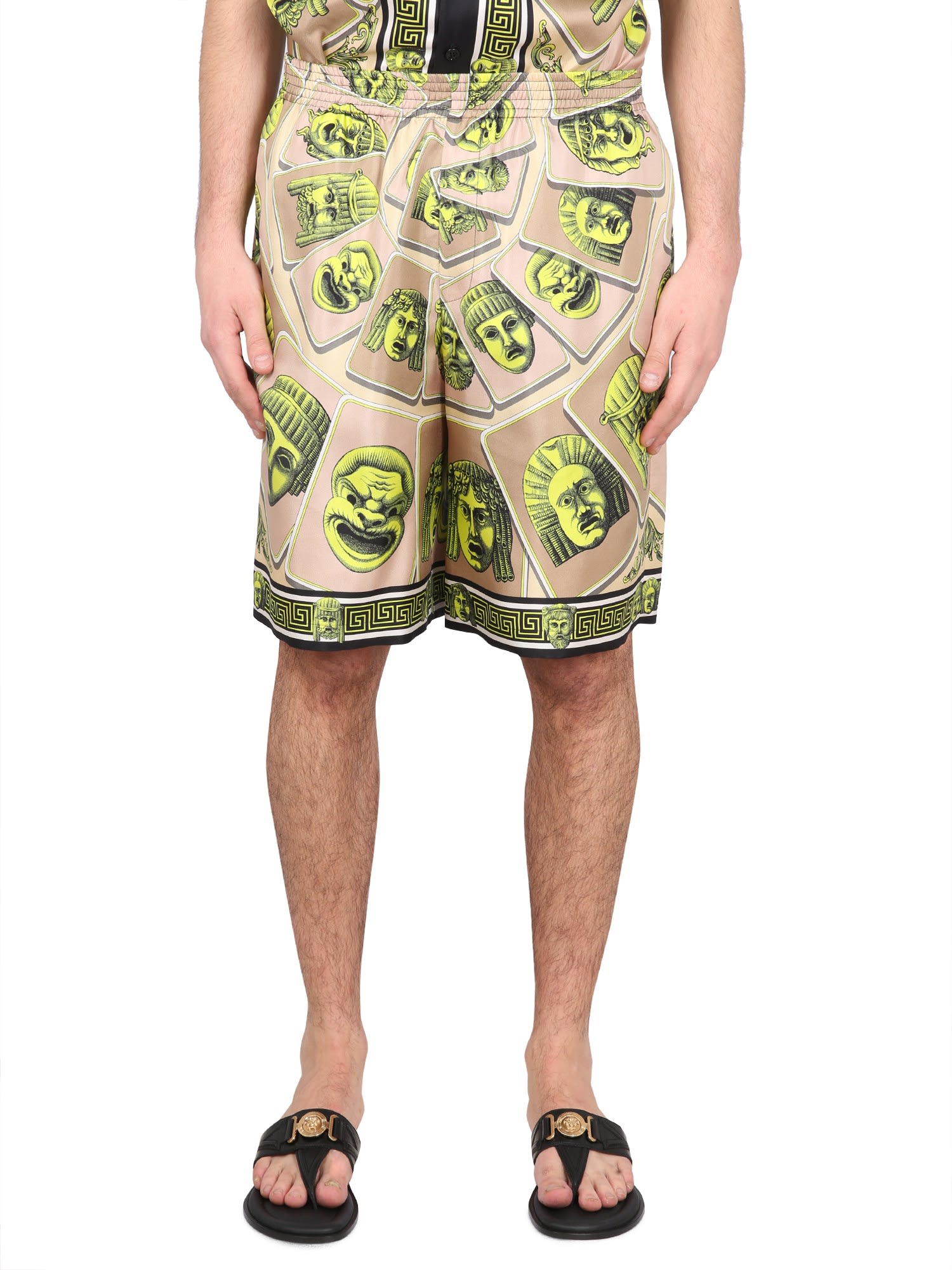 Versace Twill Silk Shorts Masks Print Detail In Acid Green Moonstruck