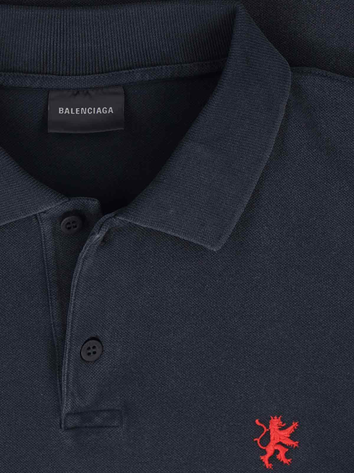 Balenciaga Cotton Piquet Polo Shirt With Lion Embroidery In Black