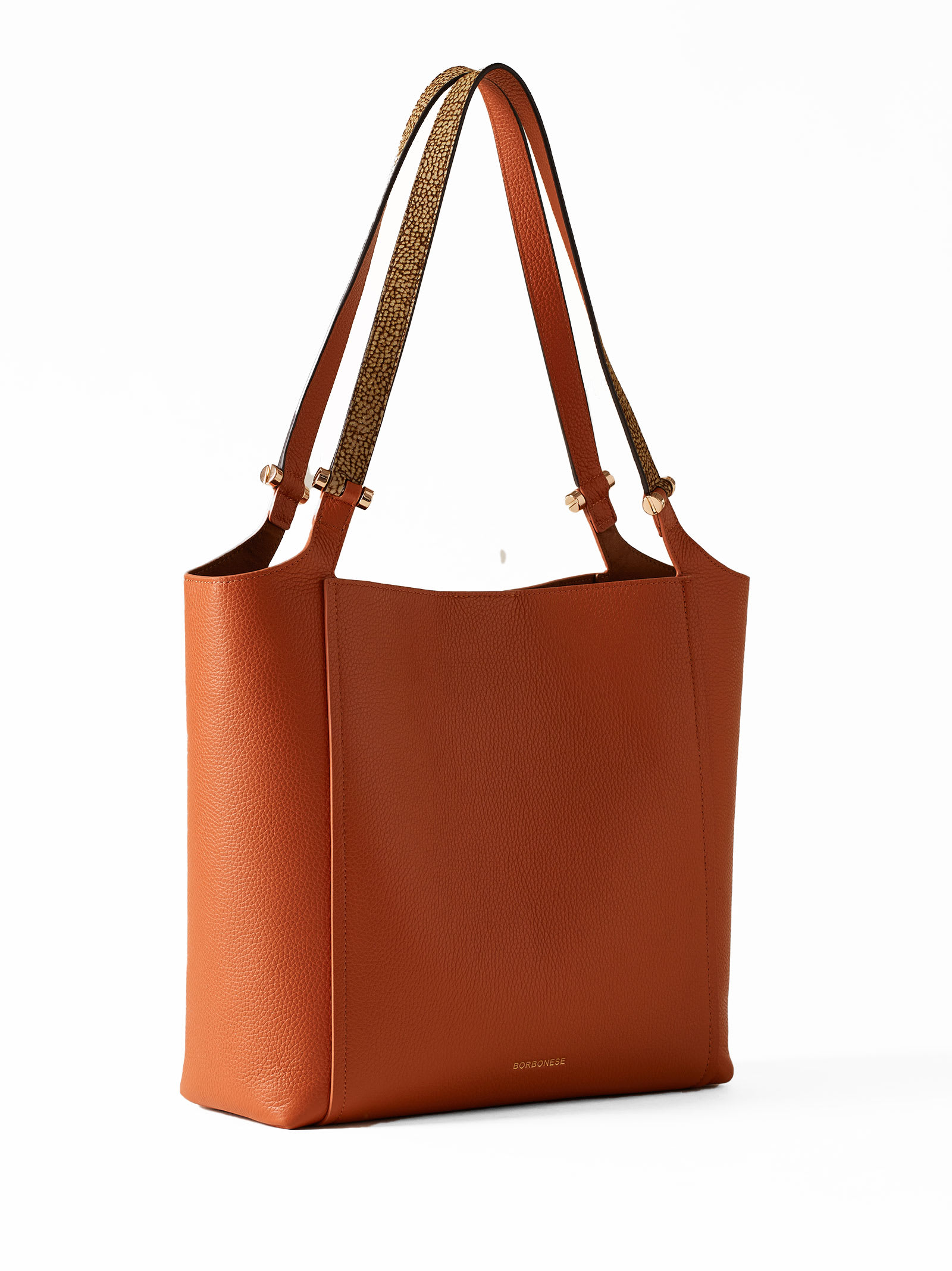Shop Borbonese Bolt Medium Shoulder Bag In Hammered Leather In Arancio/op Naturale