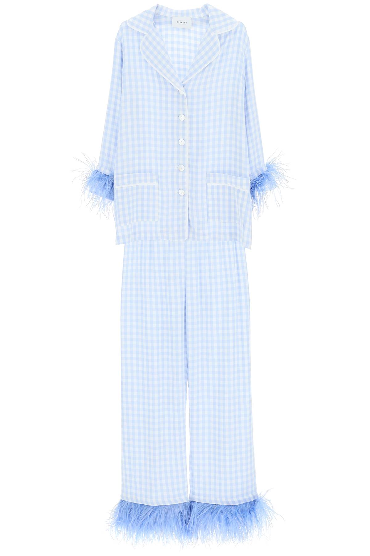 SLEEPER PARTY PAJAMA SET IN GINGHAM VISCOSE WITH FEATHERS