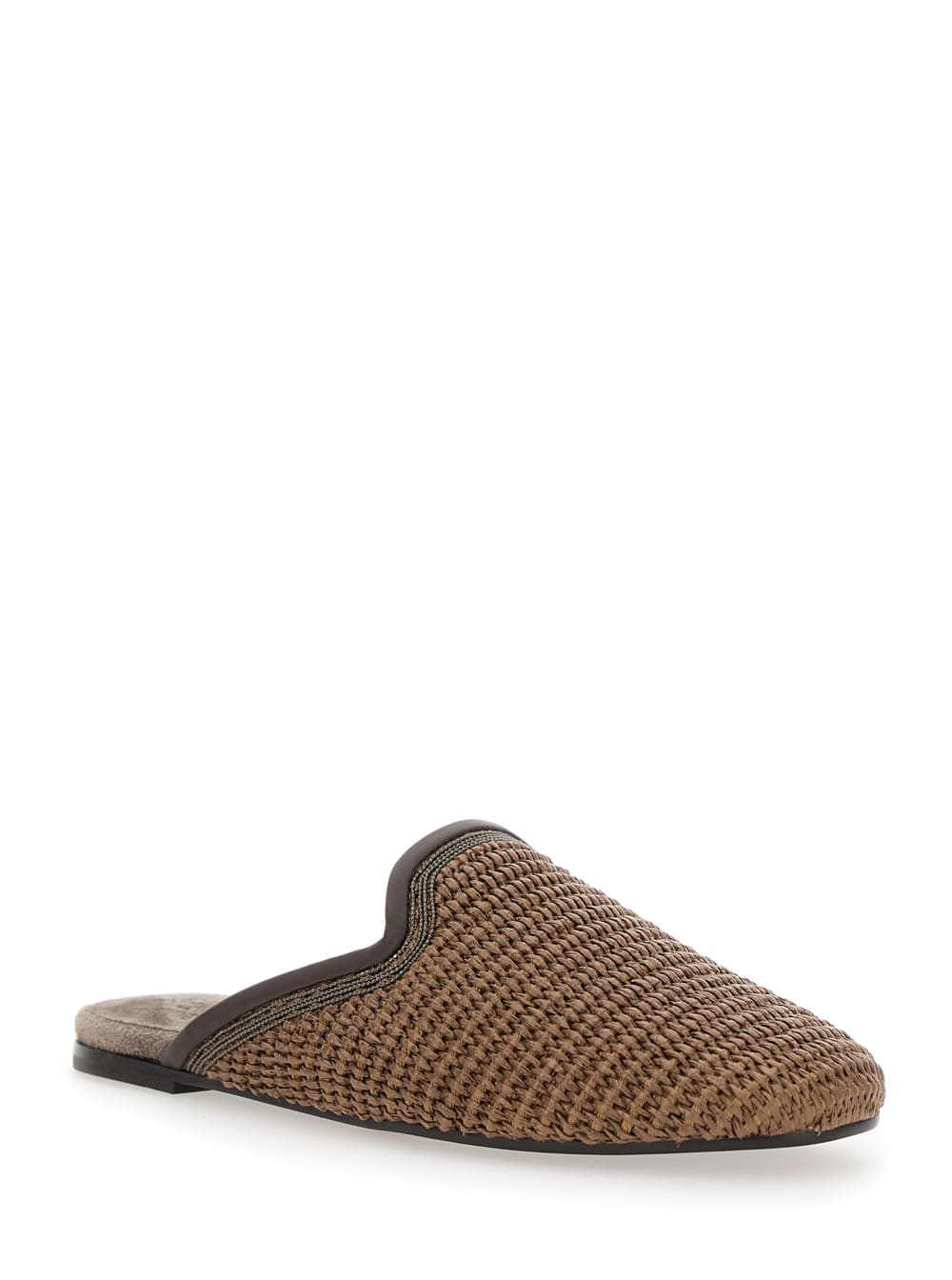 Brunello Cucinelli Brown Slip-on Sandals With Woven Design And Suede Lining In Brown