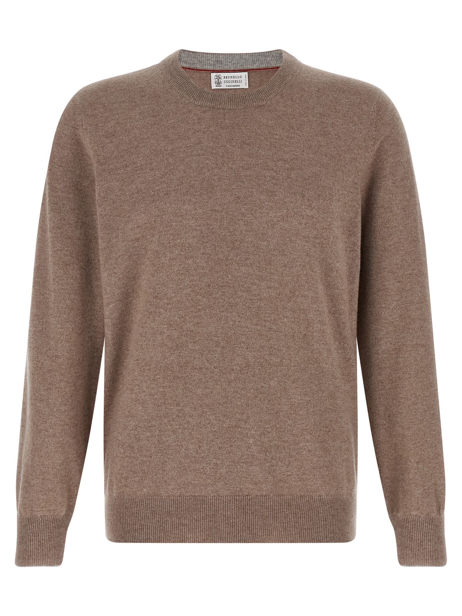 Brunello Cucinelli Cashmere Crew Neck Sweater With Ribbed Cuffs And Hem In Brown