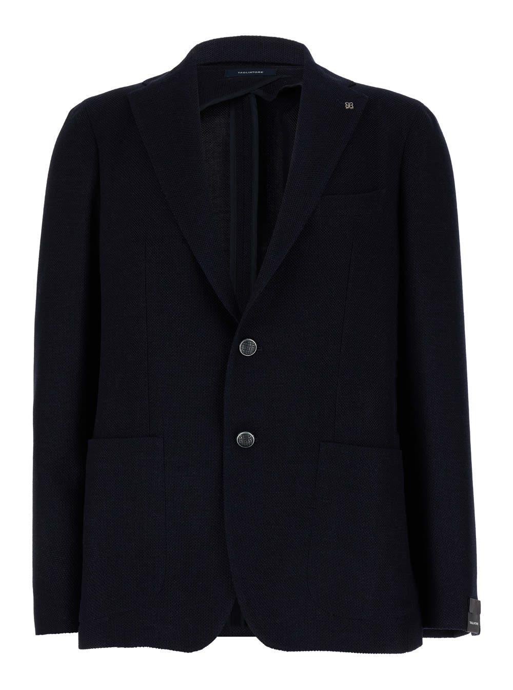 TAGLIATORE BLUE SINGLE-BREASTED JACKET WITH LOGO PIN IN SILK AND WOOL MAN 