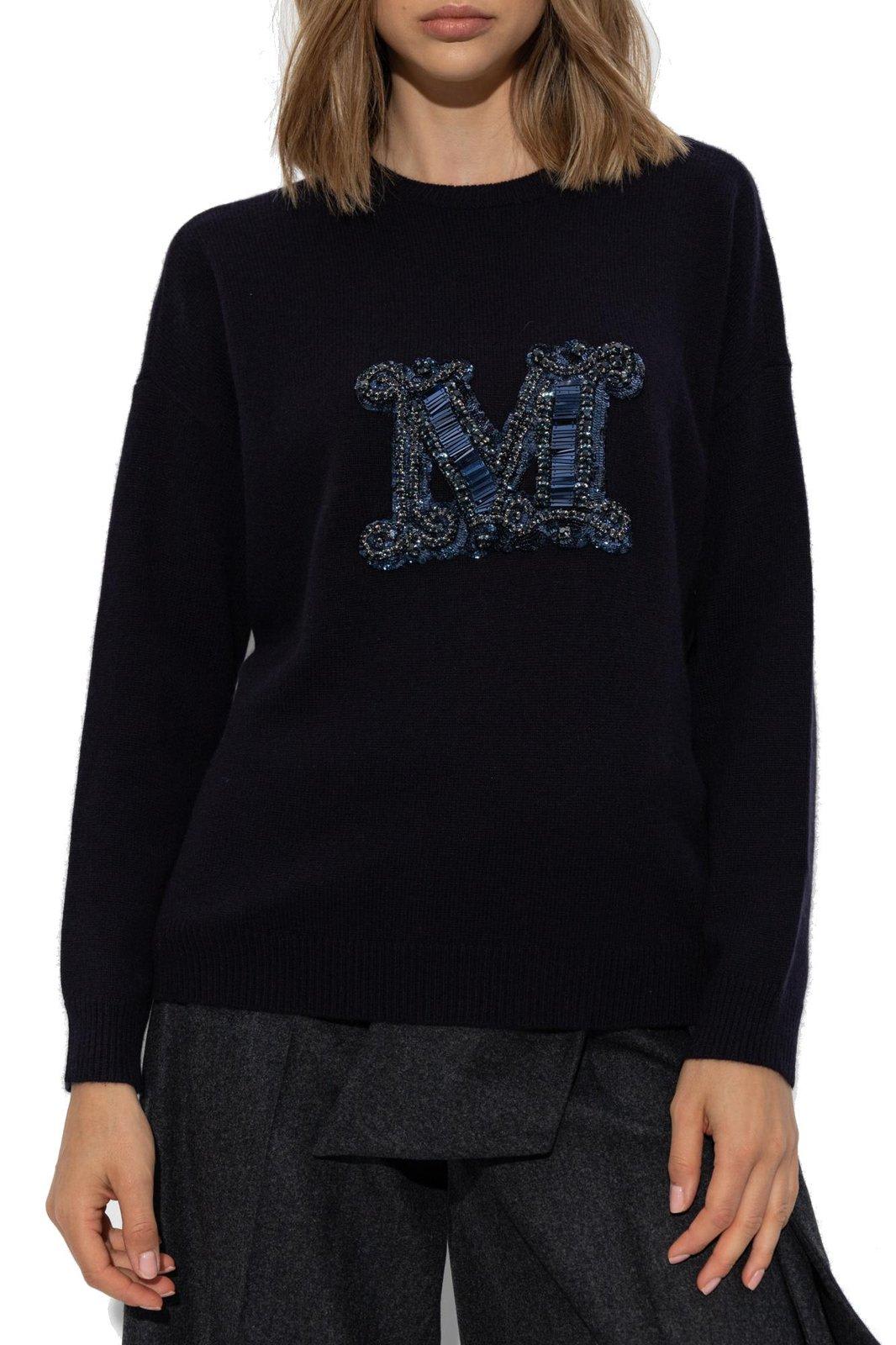 Shop Max Mara Logo Embroidered Knitted Jumper In Blu