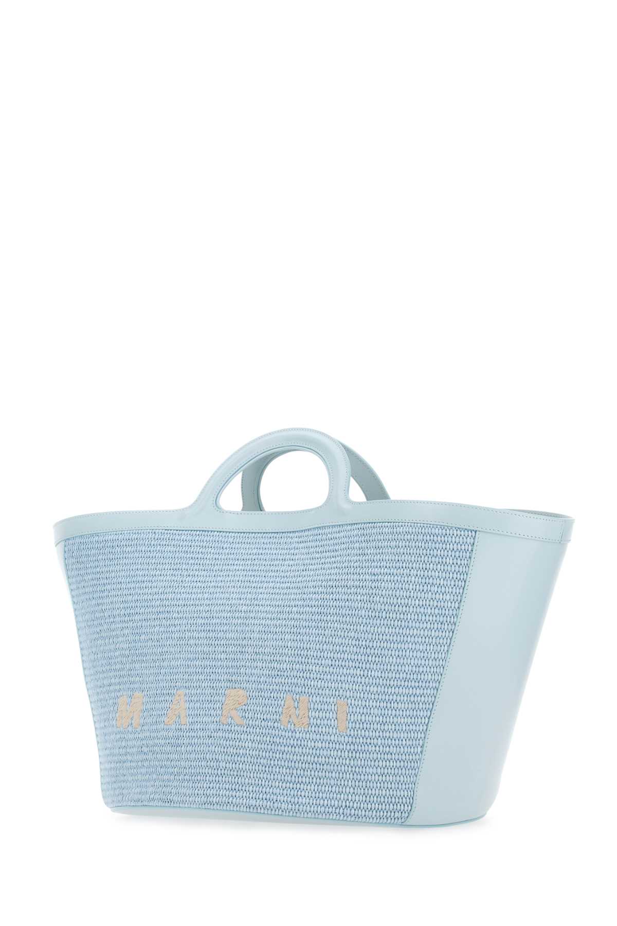 MARNI PASTEL LIGHT-BLUE LEATHER AND RAFFIA LARGE TROPICALIA SUMMER HANDBAG