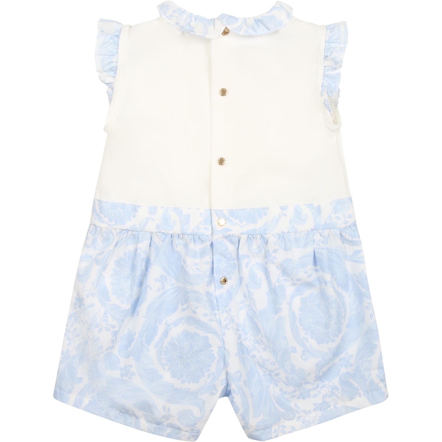 Shop Versace Light Blue Romper For Babies With Baroque Print