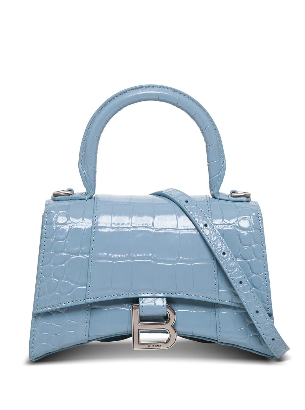Balenciaga Hourglass Crossbody Bag In Light Blue Crocodile Printed Leather