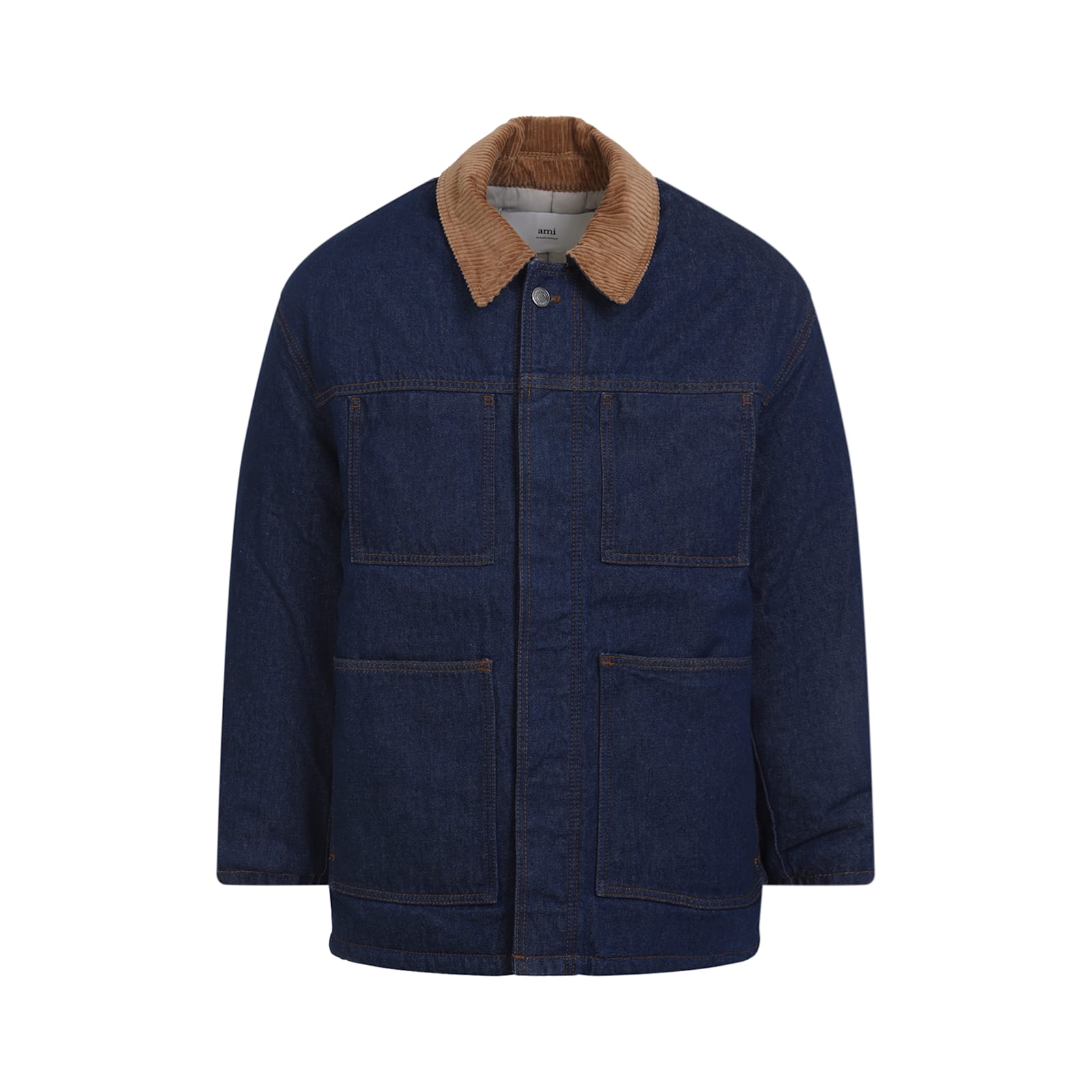Ami Alexandre Mattiussi Dark Denim Jacket With Brown Corduroy Collar In Black