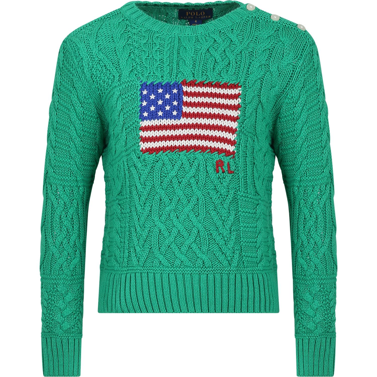 Ralph Lauren Kids' Green Sweater For Girl With Iconic Flag