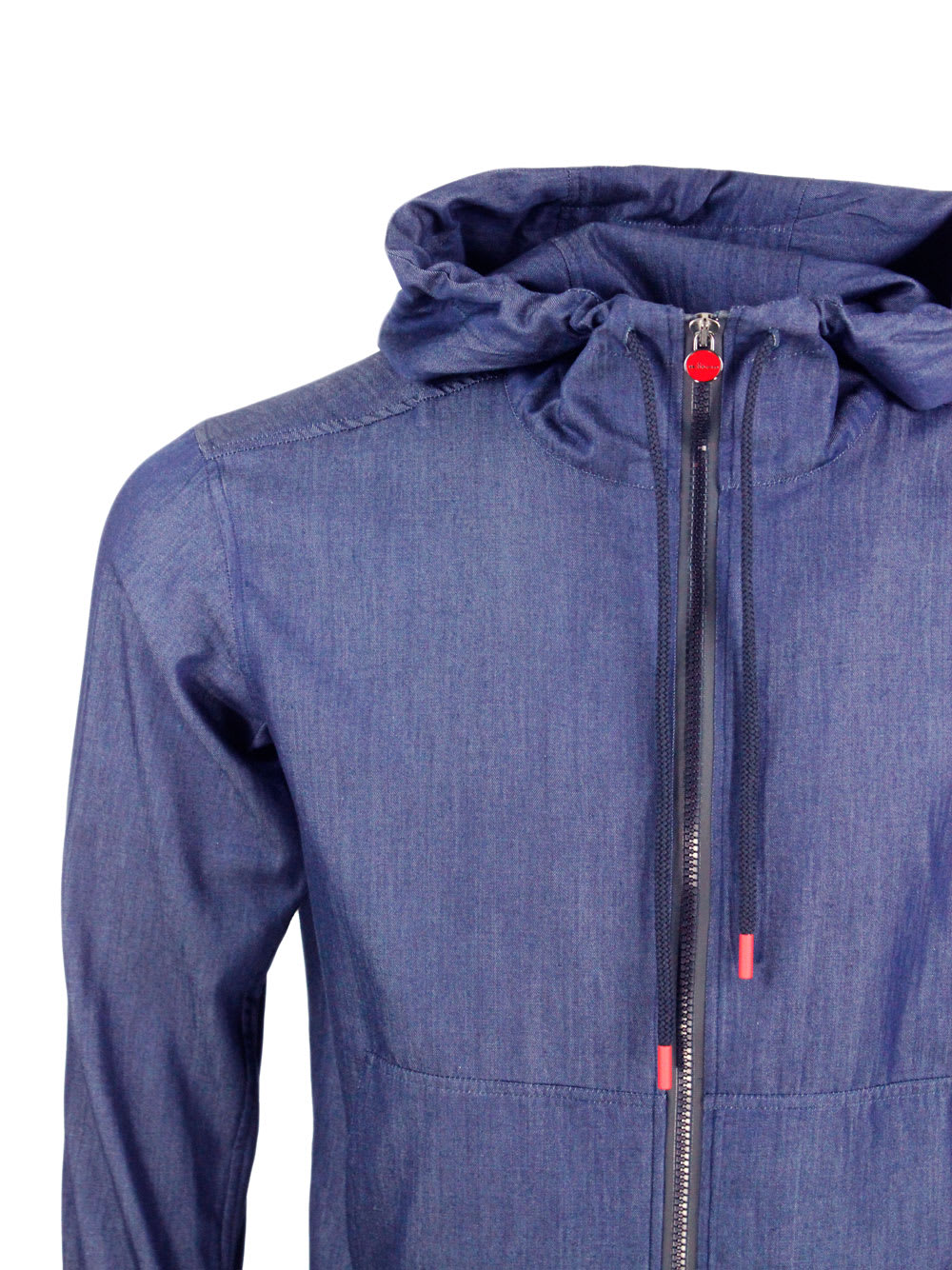 Shop Kiton Super Light Sweatshirt Jacket With Hood In Very Soft Denim-effect Cotton Fabric With Zip Closure Wit In Blu Denim