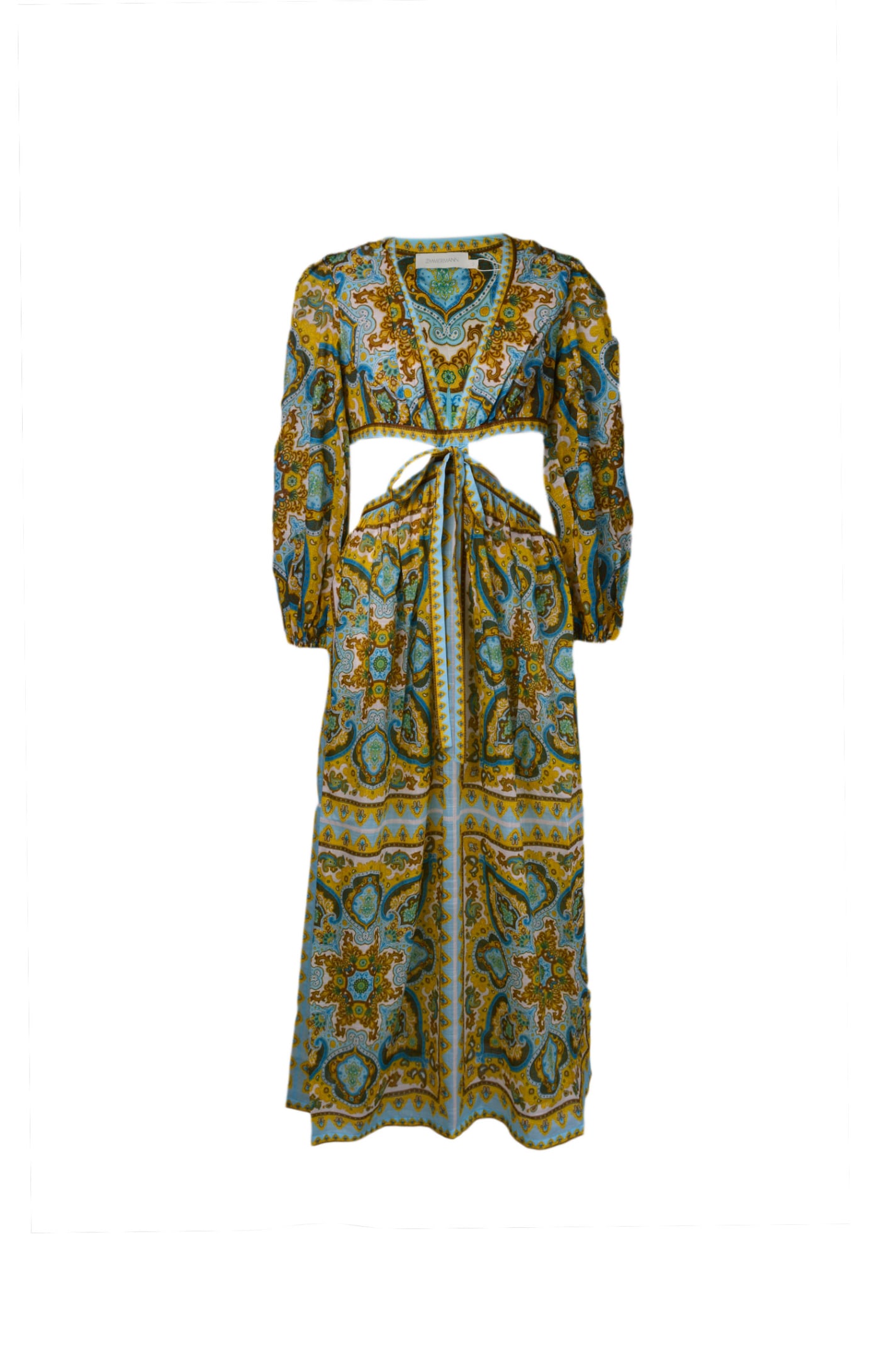 Zimmermann Cutout Paisley-print Cotton-voile Midi Dress In Yellow,light Blue
