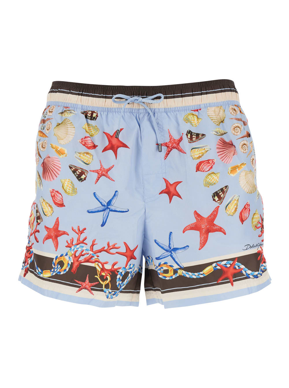 Dolce & Gabbana Light Blue Swim Shorts With Drawstring Elastic Waist And All-over Print In Gray