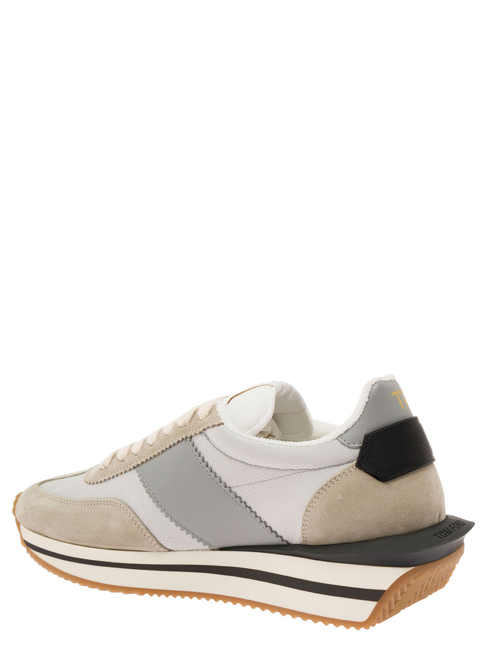 Shop Tom Ford James Beige And Silver Low Top Sneakers With Logo Detail In Lycra And Suede Man In Grey