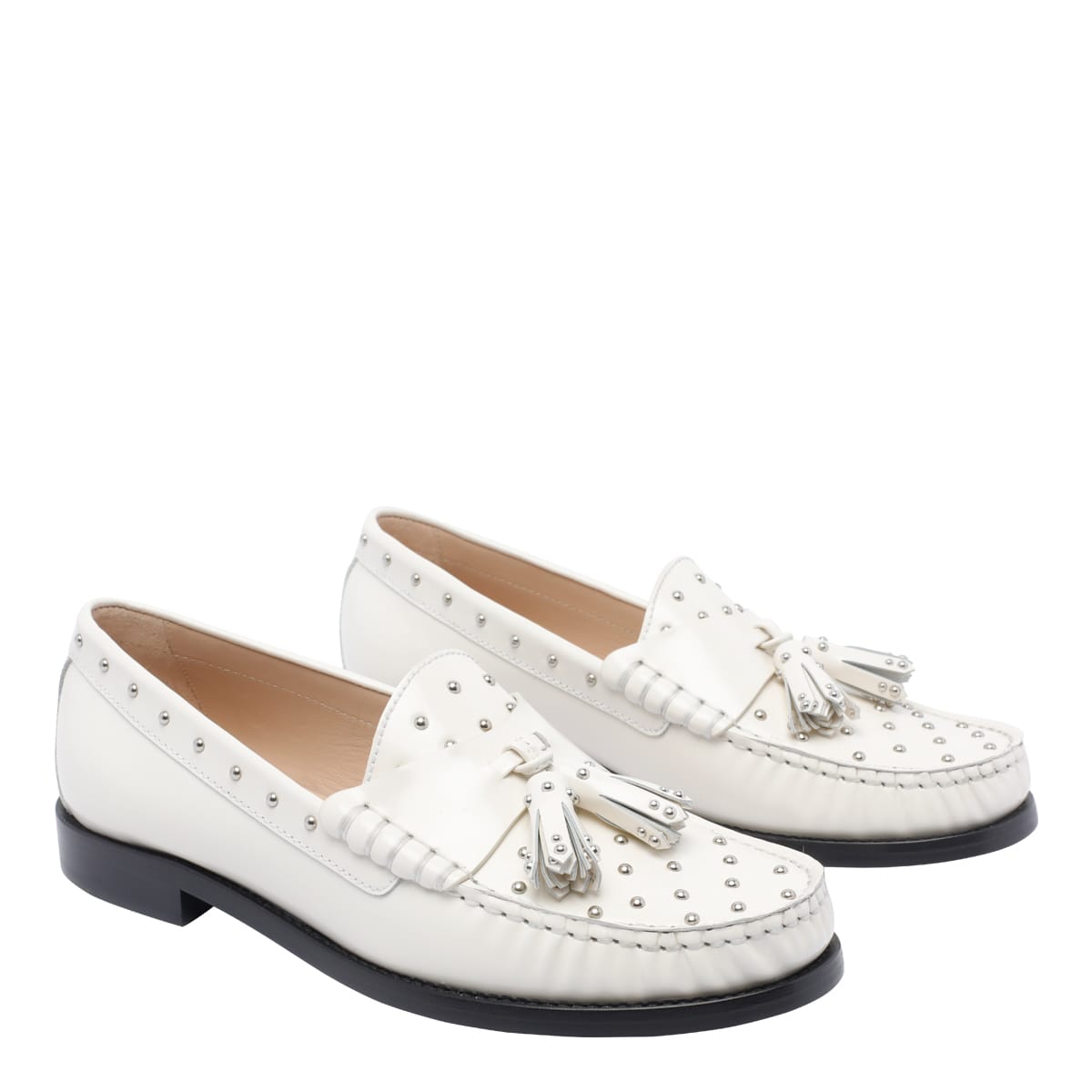 Stuart Weitzman Tassel-embellished Studded Loafers In White